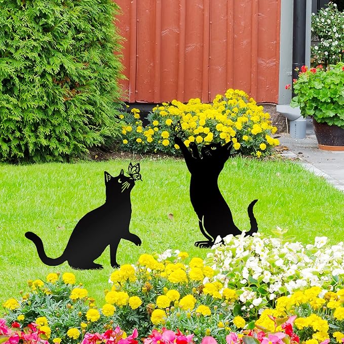 Resama Metal Cat Silhouette Outdoor- 2 Pack Black Cat Silhouette Decorative Garden Statues for Outdoor Decor, Unique Gifts for Cat Lovers, Weather Resistant Lawn Ornaments for Yard and Patio