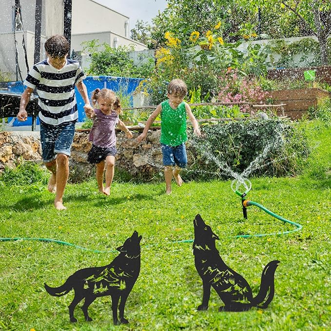 Wolf Garden Stakes Decorations - 2 Pcs Metal Howling Animals Silhouette Outdoor Statues Black Decorative Yard Sculpture Gifts Art Personalized Outside Decors for Patios Lawn Pathway Backyard