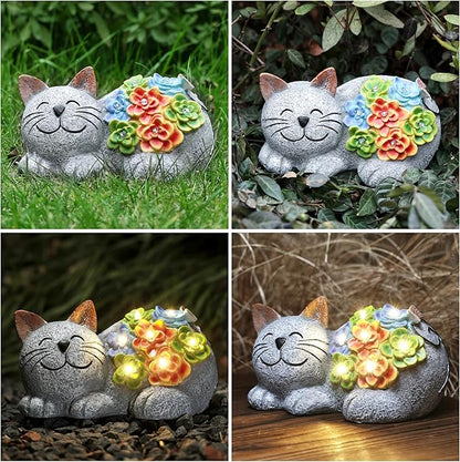 Otdair Solar Cat Decor, Birthday Gifts for Women with Succulent and 7 LED Lights, Christmas Gifts for Mom, Seniors, House Warming New Home Garden Decor for Cat Lover