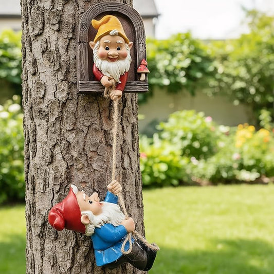 Real Gnome Statue, Garden Climbing Elves Sculpture, Outdoor Fairy Door Figurines, Fairy Hanging Decor, Tree Hugger Perfect for Garden Lovers Lawn, Patio,Yard Decor,Tree Peeker (2Pcs)
