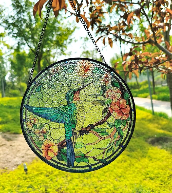 Stained Glass Window Hanging, 7.87" Luyseyha Sun Catcher for Window, Hummingbird Suncatcher Ornaments, Handmade Glass Art Wall Decor, Birthday Gift for Women Grandma Mom