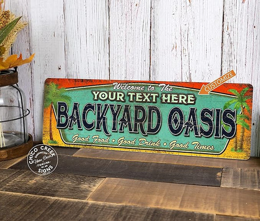 Chico Creek Signs Personalized Backyard Oasis Sign Patio Decor Poolside Paradise Welcome Sign Barbecue Family Room Gift 8"x24" Premium Birch Alder Wood Sign