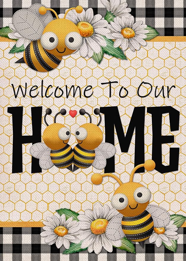 Furiaz Welcome to Our Home Bumble Bee Spring Summer Decorative Garden Flag, Daisy Yard Buffalo Plaid Check Home Outside Decorations, Flower Farmhouse Burlap Outdoor Small Decor Double Sided 12×18