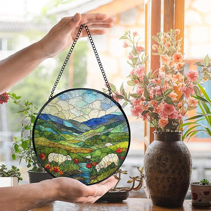 Green Irish Hills Sheep Suncatcher Stained Glass Window Hanging, Mountain Landscape Sun Catchers Indoor Window Glass Wall Art Decor, Irish Wall Hanging Decor Decorations, 7.9x7.9 Inch
