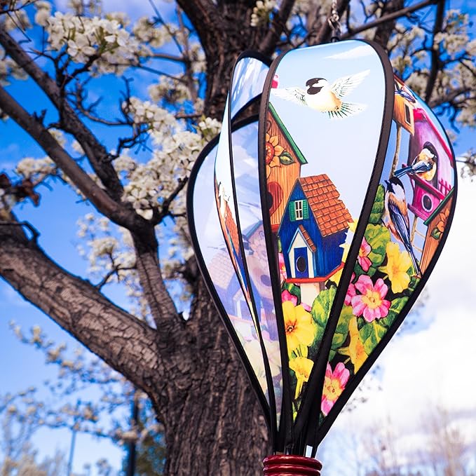 In the Breeze Chickadee Birdhouse 6-Panel Kinetic Hot Air Balloon Wind Spinner,12" W x 42" H x 12" D,1053