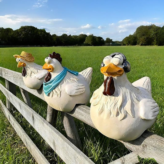 Teaeeno Chicken Fence Decoration,Funny Farm Sculpture Chicken Decor,Cute Chicken Sculpture,3 Chickens a Set,Resin Chicken Figurines,Animal Outdoor Statues for Home Garden Stairs,Farm,Patio,Backyard