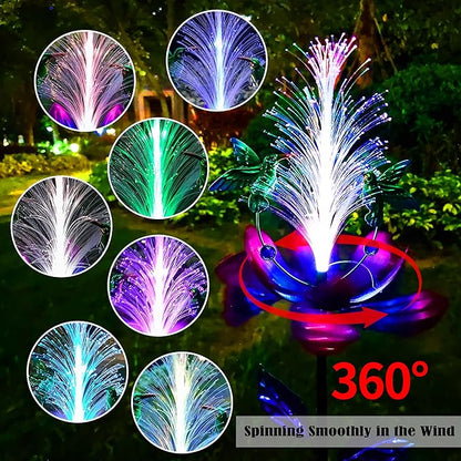 Solar Hummingbird Wind Spinners, Solar Firework Lights Garden Décor, Metal Lotus Flower Windmill Colour Changing Optical Fiber Lights Yard Decoration, Outdoor Wind Sculpture for Lawn Patio,Balcony