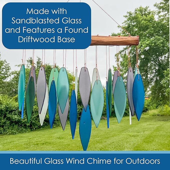 Blue Handworks Pacific Coast Glass Chime, Sandblasted Glass and Found Wood Handcrafted Wind Chime