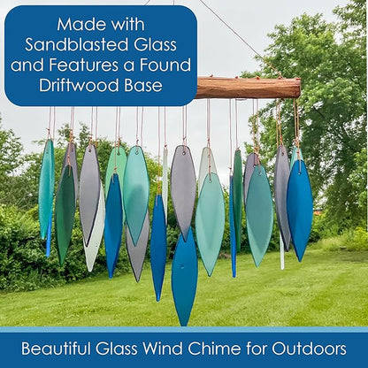 Blue Handworks Pacific Coast Glass Chime, Sandblasted Glass and Found Wood Handcrafted Wind Chime
