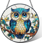 Owl Stained Glass Window Hanging, Owl Bird Suncatcher, Bird Sun Catchers Indoor Window Round Glass Wall Art Hanging Decorations, 7.9x7.9in