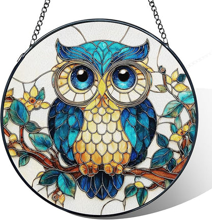 Owl Stained Glass Window Hanging, Owl Bird Suncatcher, Bird Sun Catchers Indoor Window Round Glass Wall Art Hanging Decorations, 7.9x7.9in