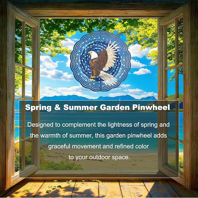10x10 Inch Wind Spinner Outdoor Hanging Eagle Stars Swirl Metal Kinetic Spiral Ornament for Yard Garden Patio Porch Balcony Tree Window Hanging Decor Gift