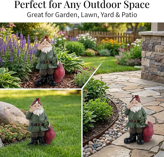 Topadorn Gnomes Figurine Resin Sculpture Garden Gnome Drag a Brunch of Radishes Statue with a Ladybug for Indoor Outdoor Decor, Radish Harvest 10 Inch, Weatherproof Garden Gnome Yard Statue Decor