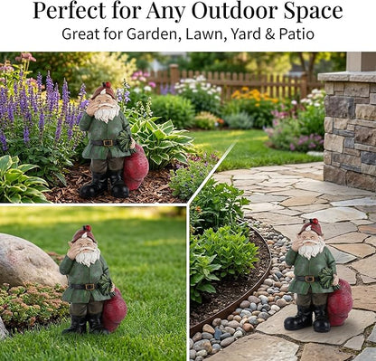 Topadorn Gnomes Figurine Resin Sculpture Garden Gnome Drag a Brunch of Radishes Statue with a Ladybug for Indoor Outdoor Decor, Radish Harvest 10 Inch, Weatherproof Garden Gnome Yard Statue Decor