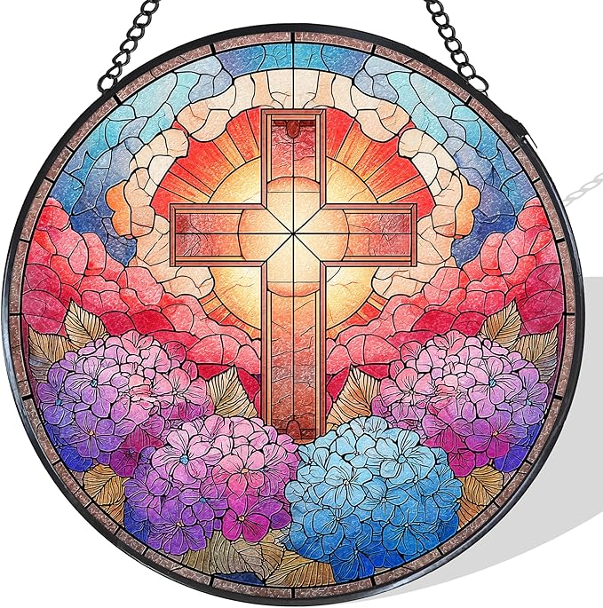 Cross Hydrangea Flower Stained Glass Window Hanging Suncatcher, Christian Cross Sun Catcher Indoor Window Decor, Christian Gifts Painted Glass Round Wall Hanging Decorations, 7.8x7.8 in