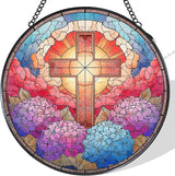 Cross Hydrangea Flower Stained Glass Window Hanging Suncatcher, Christian Cross Sun Catcher Indoor Window Decor, Christian Gifts Painted Glass Round Wall Hanging Decorations, 7.8x7.8 in