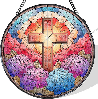Cross Hydrangea Flower Stained Glass Window Hanging Suncatcher, Christian Cross Sun Catcher Indoor Window Decor, Christian Gifts Painted Glass Round Wall Hanging Decorations, 7.8x7.8 in