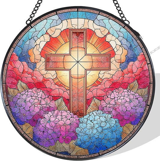 Cross Hydrangea Flower Stained Glass Window Hanging Suncatcher, Christian Cross Sun Catcher Indoor Window Decor, Christian Gifts Painted Glass Round Wall Hanging Decorations, 7.8x7.8 in