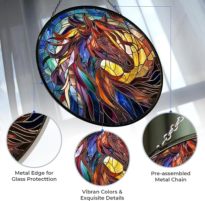 Stained Glass Window Hanging, Horse Sun Catchers Diamond Glass Panel Hangings Abstract Suncatcher Decor for Birthday for Women, Men, Wife, Aunt, and Mom 9.8 in
