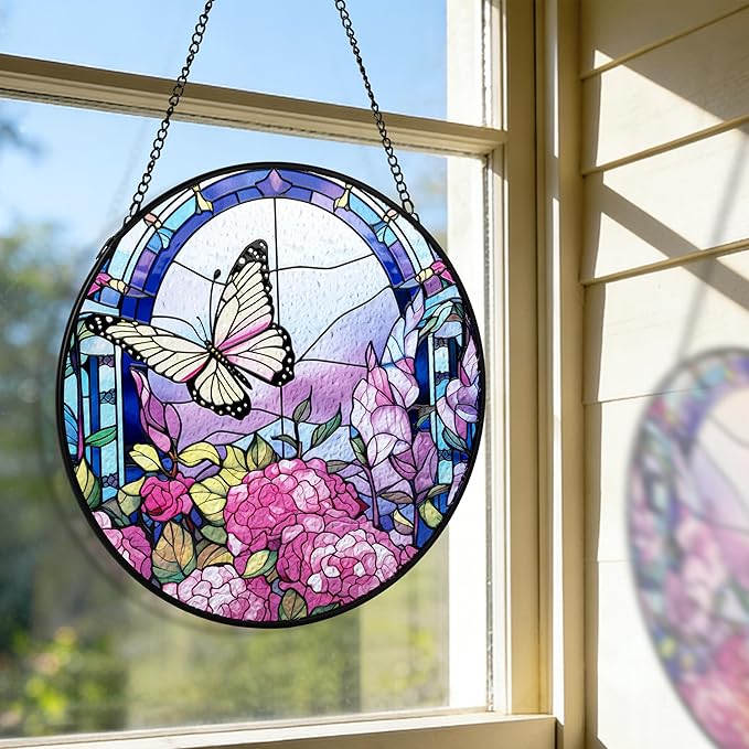 AELS Stained Glass 7.87" Round Suncatcher, Colorful Sun Catcher for Home Garden Window Decor, Window Hanging Ornament Gift for Friends and Family, Butterfly