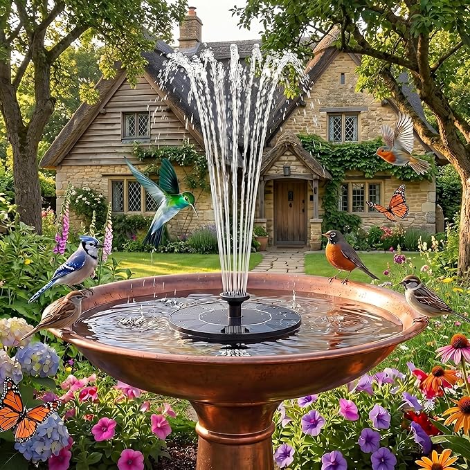 Solar Bird Bath Fountain Pump, 6.3" Mini Floating Solar Water Fountain with 6 Nozzles, Powered Water Feature for Outdoor Garden, Pond, Pool, Patio and Fish Tank, Birdbath Bubbler for Hummingbirds