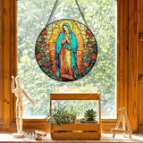 Our Lady of Grace Suncatcher Stained Glass Window Hanging, Christian Virgin Mary Flower Sun Catchers Indoor Window Glass Round Wall Decor, Catholic Rose Wall Art Hanging Decorations, ＂7.8x7.8＂