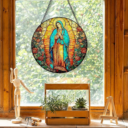 Our Lady of Grace Suncatcher Stained Glass Window Hanging, Christian Virgin Mary Flower Sun Catchers Indoor Window Glass Round Wall Decor, Catholic Rose Wall Art Hanging Decorations, ＂7.8x7.8＂