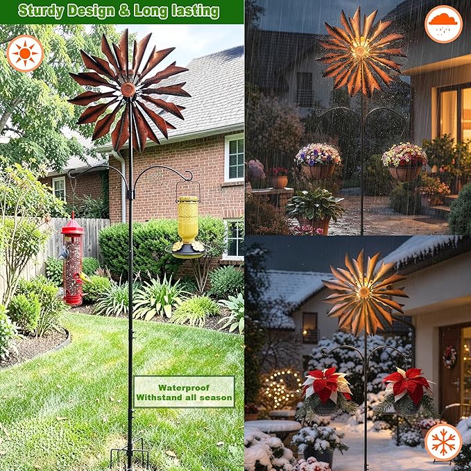 Yard Garden Wind Spinners - Large Outdoor Metal Wind Spinners with Stake, Yard Art Lawn Garden Decor Bronze-Colored Blade Rotator (25.5" W x 95" H)
