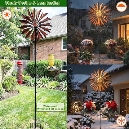 Yard Garden Wind Spinners - Large Outdoor Metal Wind Spinners with Stake, Yard Art Lawn Garden Decor Bronze-Colored Blade Rotator (25.5" W x 95" H)