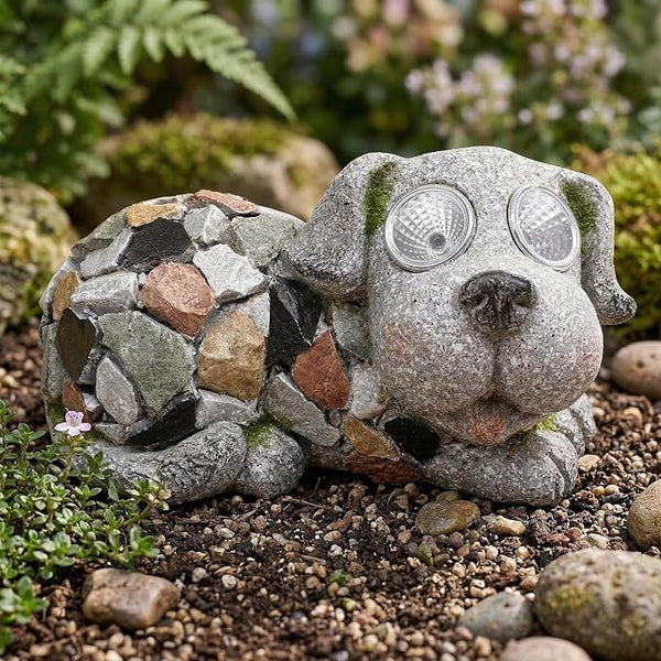 Outdoor Garden Decor Solar Dog Statue & Sculpture, Cute Dog Garden Statue, Solar Yard Decorations for Lawn Patio Front, Stone Resin Figurine ldeal Gift for Mom