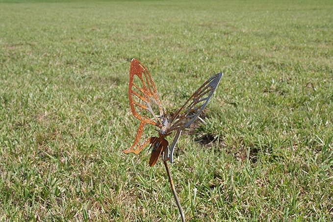 Metal Rustic and Colorful Flower Stakes Ranging from 9.5 to 36 Inches Tall (Daisy, Butterfly and Dragonfly Stake Set, Naturally Rusted)