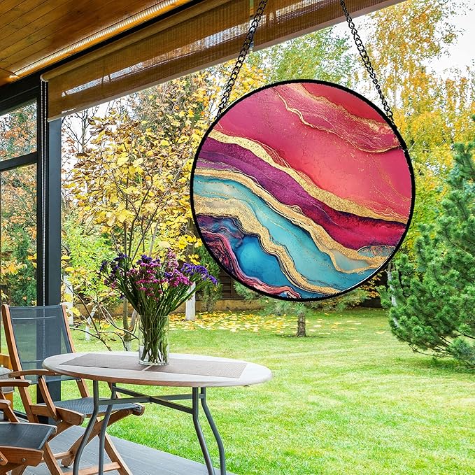 CHATYOUNG Stained Glass Window Hanging Abstract Red Gold 7.8" - Suncatcher Door Garden Sunroom Sun Catcher Decor Housewarming Christmas Birthday for Mom Grandma Nana Woman Home Owner Friend