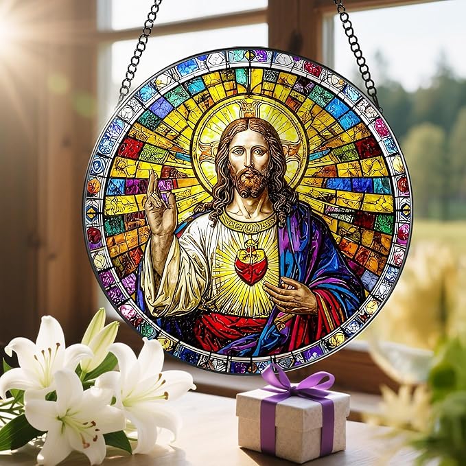 8'' Sacred Heart of Jesus Stained Glass Suncatcher, Stained Glass Window Hanging, Religious Ornament, Christian Home Decor, Gifts for Christmas, Christian Gift, Religious Gift