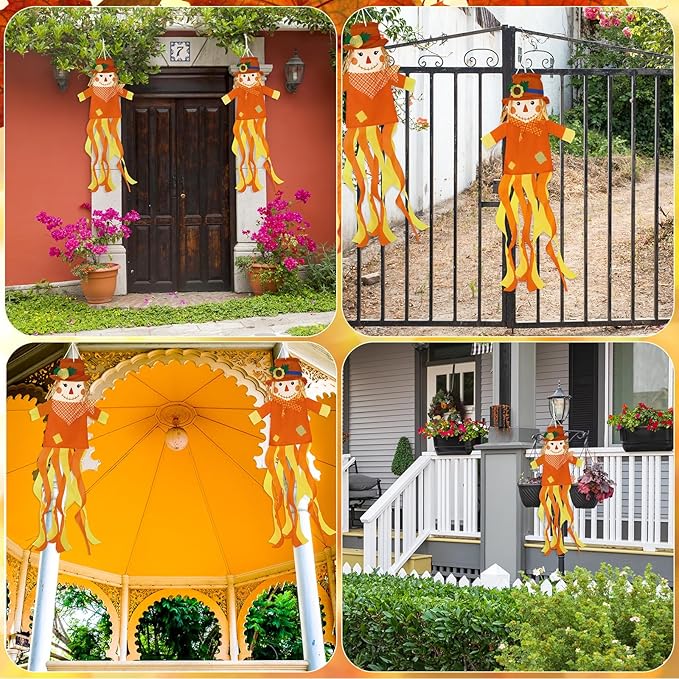 NOVWANG 2 Pcs Fall Scarecrows Windsocks, 40 Inch Outdoor Autumn Wind Sock Thanksgiving Hanging Scarecrow Decorations for Garden Patio Party Home Yard Decor