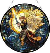 Stained Glass Window Hanging, Boho St. Michael The Archangel Sun Catchers Diamond Glass Panel Hangings Abstract Suncatcher Decor for Birthday for Women, Men, Wife, Aunt, and Mom 6.3 in