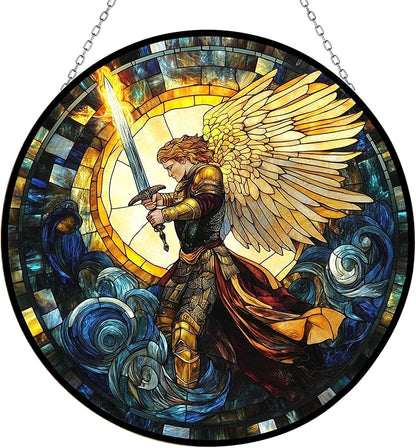 Stained Glass Window Hanging, Boho St. Michael The Archangel Sun Catchers Diamond Glass Panel Hangings Abstract Suncatcher Decor for Birthday for Women, Men, Wife, Aunt, and Mom 9.8 in