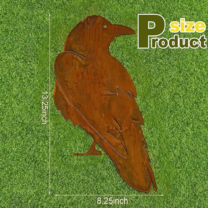 13.5 x 8.25 Inches Raven Bird Silhouette Metal Birds Rusty Crow Statue Metal Birds Fence Topper Yard Decor Fake Crow for Autumn Outdoor Tree Ornaments