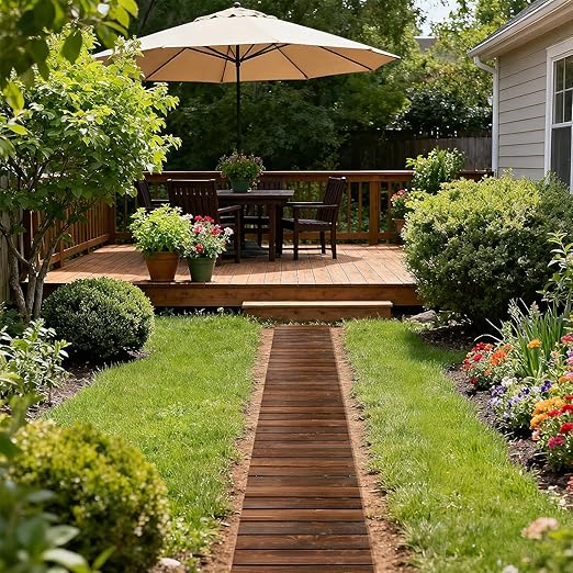 8.2ft Wooden Garden Pathway - Weather Resistant Carbonized Pine Roll Out Decorative Walkway, Boardwalk Pathway Pavers for Outside Stepping Stones Outdoor Flooring Patio Pool Backyard (Brown)