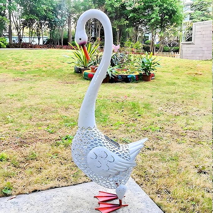 Large Swan Statue Garden Decor with Solar Powered Light, Hand-Painted Iron Art with Hollow Carved Design, Waterproof Outdoor Sculpture for Garden, Yard, Pond, Lawn and Pathway,Tall