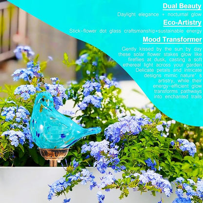 Solar Bird Garden Stake Lights - Hand Blown Glass Decorative Garden Pathway Lights Outdoor Waterproof Bird Glass Stakes (Light Blue)