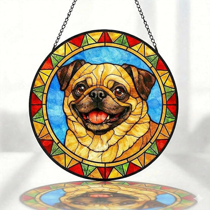 Stained Glass Dog Memorial Suncatcher,Pug Window Hanging,Sympathy Gifts for Pet Loss,7.9 inch/20 cm Home and Garden Decor for Dog Lovers