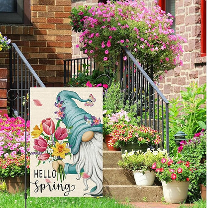 Hello Spring Gnome Garden Flag 12x18 Double Sided Burlap Butterfly Floral Garden Yard Banner for Summer Rustic Seasonal Outside Outdoor House Decoration (ONLY FLAG)