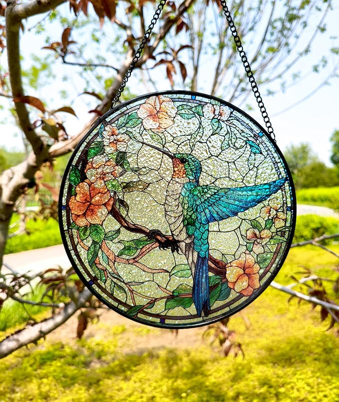Stained Glass Window Hanging, 7.87" Luyseyha Sun Catcher for Window, Hummingbird Suncatcher Ornaments, Handmade Glass Art Wall Decor, Birthday Gift for Women Grandma Mom