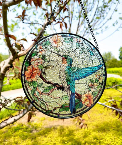 Stained Glass Window Hanging, 7.87" Luyseyha Sun Catcher for Window, Hummingbird Suncatcher Ornaments, Handmade Glass Art Wall Decor, Birthday Gift for Women Grandma Mom