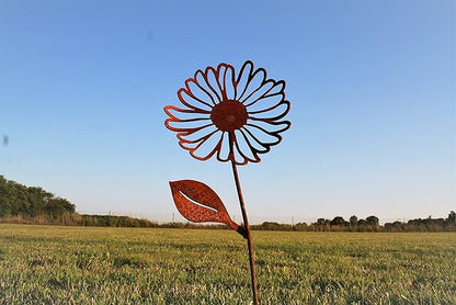 Metal Rustic and Colorful Flower Stakes Ranging from 9.5 to 36 Inches Tall (Daisy + 2 Twisted Daisy Stake Set, Naturally Rusted)