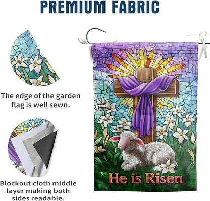 Christian Easter Garden Flag He is Risen Yard Flag Religious Easter Lamb Decor Stained Glass Cross Flag for Outside 12x18 Double Sided Lily Spring Outdoor Flag Small