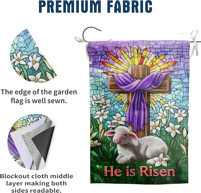 Christian Easter Garden Flags for Outside 28x40 Double Sided He Is Risen House Flag Religious Easter Lamb Decor Stained Glass Cross Flag Lily Spring Outdoor Flag Large
