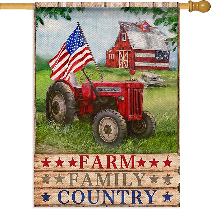 Furiaz July 4th Farm Family Country Barn Tractor American Patriotic House Flag, USA America Memorial Day Garden Yard Decorative Home Outside Decoration, Summer Farmhouse Outdoor Large Decor 28 x 40