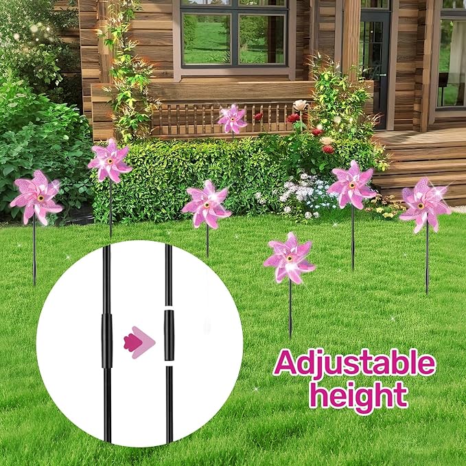 BATTIFE Reflective Pinwheels for Yard and Garden, Pre-Installed Bird Blinder Sparkly Pin Wheel, Scare Birds & Animal Away Wind Spinner, 10 Pack (Pink)