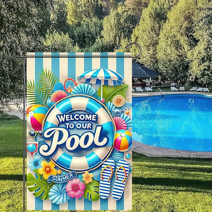 HOMETITUTE Welcome to Our Pool Summer Garden Flag 12x18 Inch Double Sided Summer Swimming Pool Yard Flag Palm Leaf ParasolParty Seasonal Farmhouse Banner Outdoor Decor Poolside